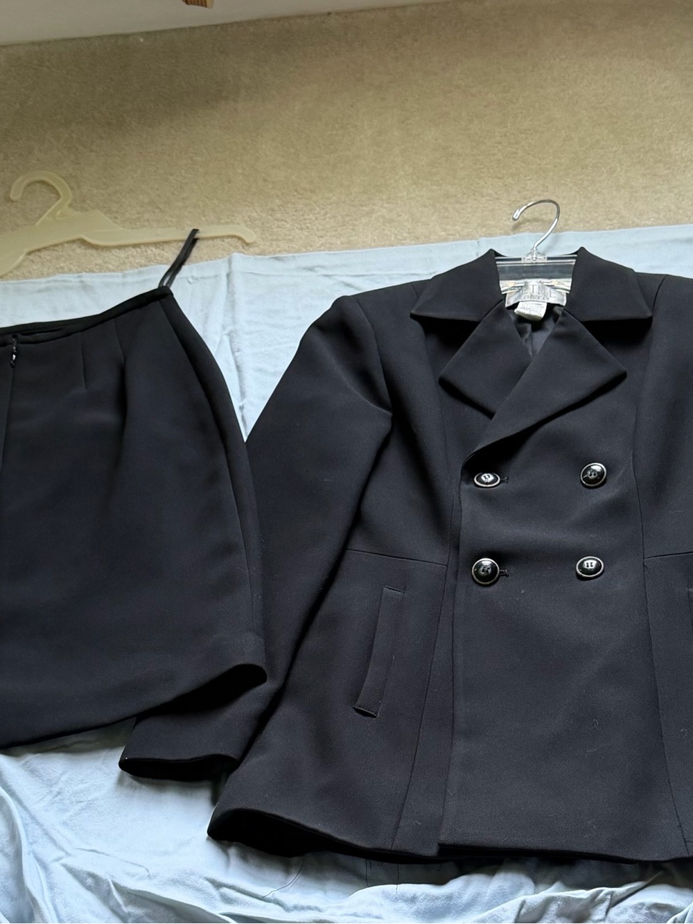 Black Double-Breasted Mini Dress Jacket with mini skirt